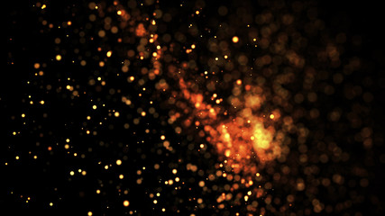 gold particles glisten in the air, gold sparkles in a viscous fluid have the effect of advection with depth of field and bokeh. 3d render. cloud of particles. 26