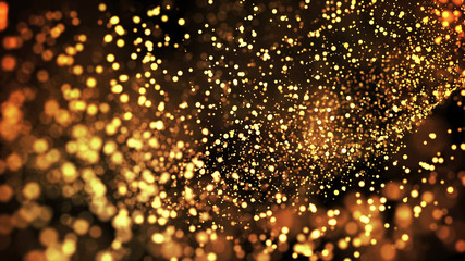 gold particles glisten in the air, gold sparkles in a viscous fluid have the effect of advection with depth of field and bokeh. 3d render. cloud of particles. 75