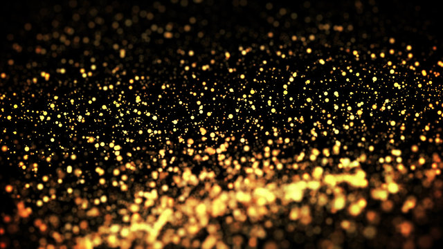 gold particles glisten in the air, gold sparkles in a viscous fluid have the effect of advection with depth of field and bokeh. 3d render. cloud of particles. 91
