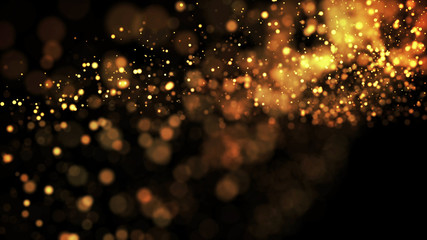 gold particles glisten in the air, gold sparkles in a viscous fluid have the effect of advection with depth of field and bokeh. 3d render. cloud of particles. 125