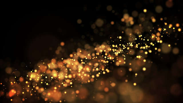 gold particles glisten in the air, gold sparkles in a viscous fluid have the effect of advection with depth of field and bokeh. 3d render. cloud of particles. 117