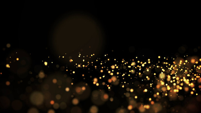 gold particles glisten in the air, gold sparkles in a viscous fluid have the effect of advection with depth of field and bokeh. 3d render. cloud of particles. 123