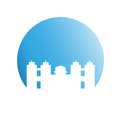 city skyline in blue circle background