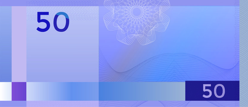 Voucher template banknote 50 with guilloche pattern watermarks and border. Blue background banknote, gift voucher, coupon, diploma, money design, currency, note, cheque, check, reward, certificate