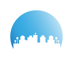 city skyline in blue circle background