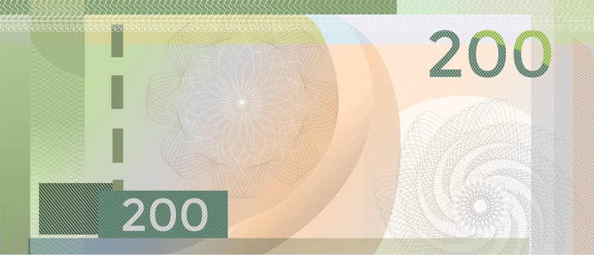 Voucher template banknote 200 with guilloche pattern watermarks and border. Green background for banknote, voucher, coupon, diploma, money design, currency, note, check, cheque, reward. certificate