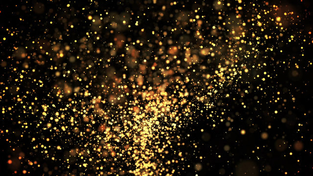 gold particles glisten in the air, gold sparkles in a viscous fluid have the effect of advection with depth of field and bokeh. 3d render. cloud of particles. 173