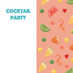 Watercolor border with slice fruits for events or party. Orange, grapefruit, pineapple, spiral peel of orange and piece lime. High resolution elements for summer design.
