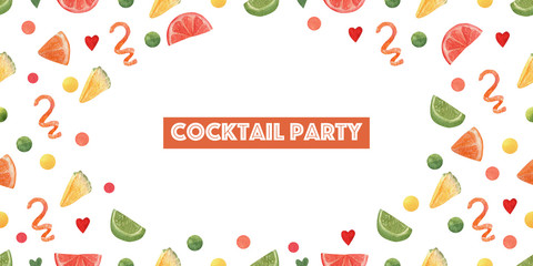 Watercolor border with slice fruits for events or party. Orange, grapefruit, pineapple, spiral peel of orange and piece lime. High resolution elements for summer design.