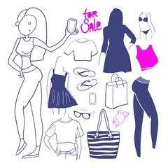 Design for the advertising of a clothing store, seasonal sales, accessories, silhouette manikens in a dress and a bathing suit, as well as a girl model makes a photo on a smartphone, graphic drawings 