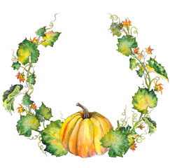 Autumn wreath with pumpkin, branches, leaves and flowers. Watercolor illustration. Isolated on white background.