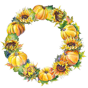 Autumn wreath witn colorful pumpkins, sunflowers and leaves. Watercolor illustration on white background.