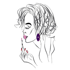 Beautiful woman applying pink lipstick on her lips