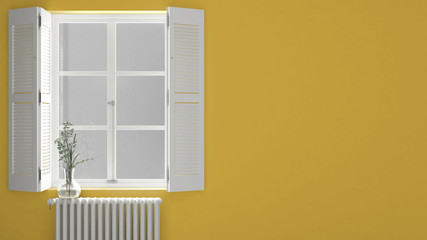 Stylish empty room with window close-up, classic shutters, glass vase with flowers, white radiator. Yellow wall background with copy space, interior design concept idea mockup