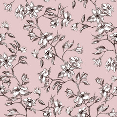 Branch with flowers and leaves, graphic hand drawn - seamless pattern with apple blossom tree on dirty pink background