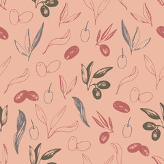 Olives seamless pattern with olive branches and fruits for Italian cuisine design or extra virgin oil food or cosmetic product packaging wrapper. Hand drawn Illustration in vector.