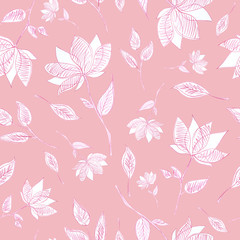 Hand drawn abstract flowers, floral seamless pattern on pink background