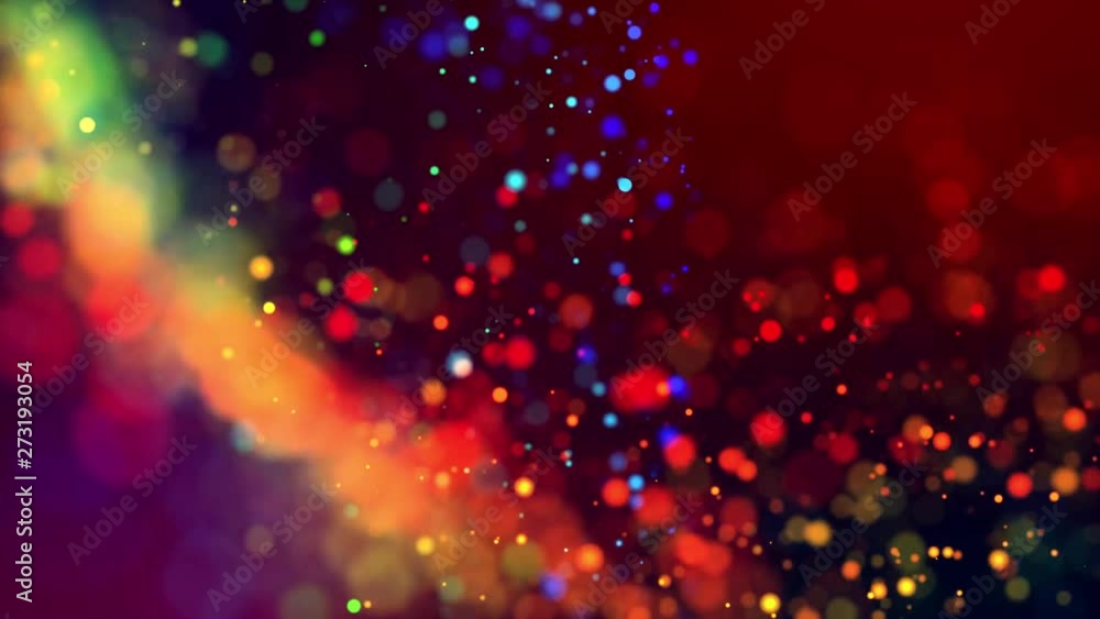 Poster multicolored particles like confetti or spangles float in a viscous liquid and glitter in the light 