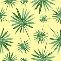 Naklejka na ściany i meble Hand drawn palm leaves, tropical watercolor painting - seamless pattern on yellow background