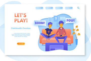 Let's play landing page layout. Boys playing video games illustration
