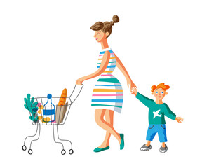 Woman with cart and child flat vector illustration