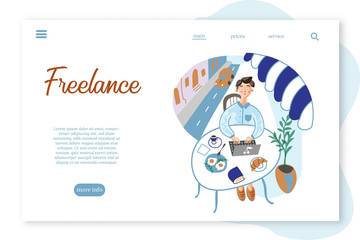 Freelance landing page layout. Freelancer working in cafe vector illustration