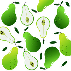 Vector illustration. Beautiful pattern with pears and green leaves. White background. 