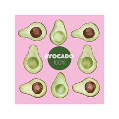 Creative layout made of watercolor avocado. Hand drawn tropical illustration. Flatlay design. Food concept for ecological product and advertising.