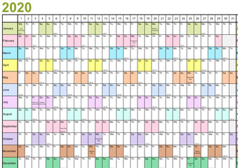 Fototapeta premium Jahresplaner 2020 linear mit gesetzlichen Feiertagen für die USA und Monate in unterschiedlichen bunten Farben 