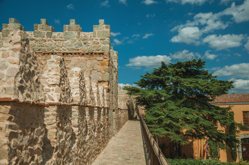 Fototapeta na wymiar Pathway over old thick wall with large tower in Avila