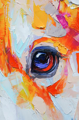 Oil dog portrait painting. Conceptual abstract painting of a welsh corgi pembroke muzzle. Closeup...