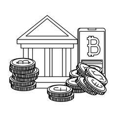 bank building with bitcoins icons vector illustrator