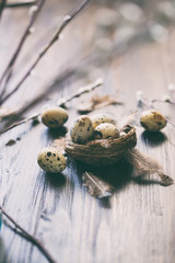 quail eggs, feathers, willow branches on a wooden table. Vintage effect
