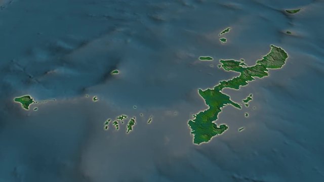 Okinawa - prefecture of Japan zoomed on the physical map of the globe. Animation 3D