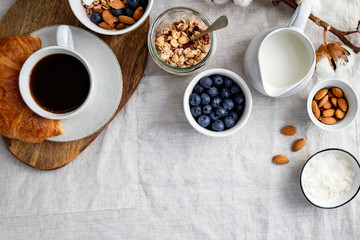 Top view of breakfast table with coffee, croissant, granola, nuts, berries and milk. Flat lay, healthy eating concept.