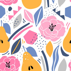Modern seamless pattern with papercut figurs, flowers and fruits. Background with stylized pear.