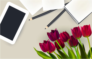 Tablet, pencil, tulips, top view table work