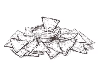 Illustration Mexican corn chips nachos with salsa dip.Sketch tortilla chips.Drawing for restaurant menu, label, banner © Alex