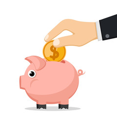 Piggy Bank and hand businessman with coin on a white.