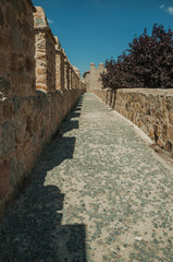 Fototapeta na wymiar Pathway over thick stone wall with battlement around Avila