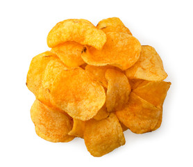 Heap of potato crisp on a white. The view of the top.