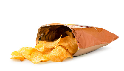 Potato crisp spilled out of the package on a white. Isolated. - obrazy, fototapety, plakaty