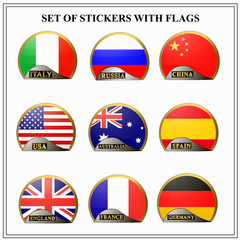Naklejka premium Bright set of stickers with flags. Colorful illustration with flags of the world for web design. Illustration with white background.