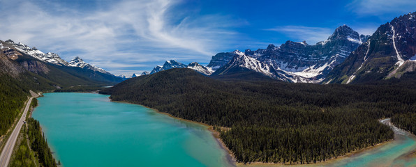 Fototapeta na wymiar Aerial panoramic view of the scenic Waterfowl Lakes on the Icefields Parkway in Banff National Park