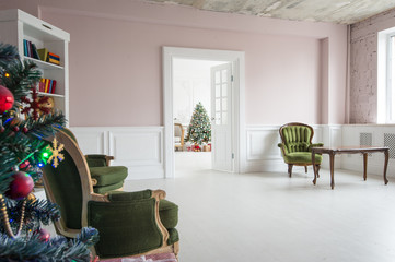 Elegant interior in Baroque style with a vintage armchair and a table.