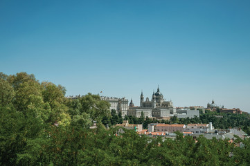 Naklejka premium Royal Palace and Almudena Cathedral amidst trees in Madrid