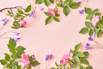 Flat lay composition with pink flowers on a pink background