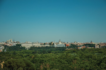 Building skyline with treetops seen from the Teleferico Park of Madrid
