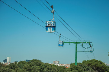 Cable car gondola and big supporting towers at the Teleferico Park of Madrid