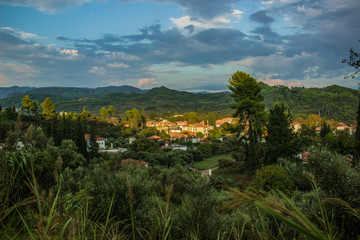 Asian travel concept photography of tropic forest and jungle rural country side nature scenic landscape view from above of hill and small village 